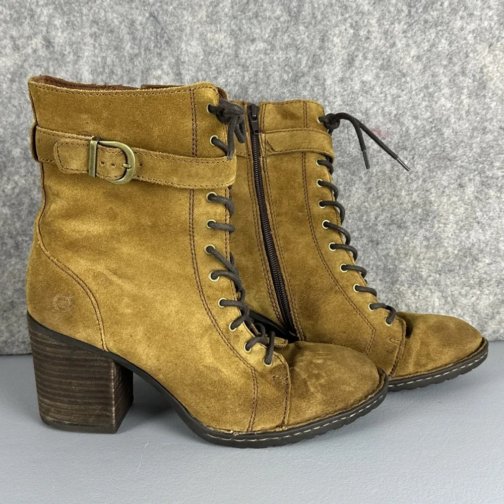 BORN Boots Women's 10 M Brown Cass Suede Block Heel Lace Up & Zip Buckle F34826